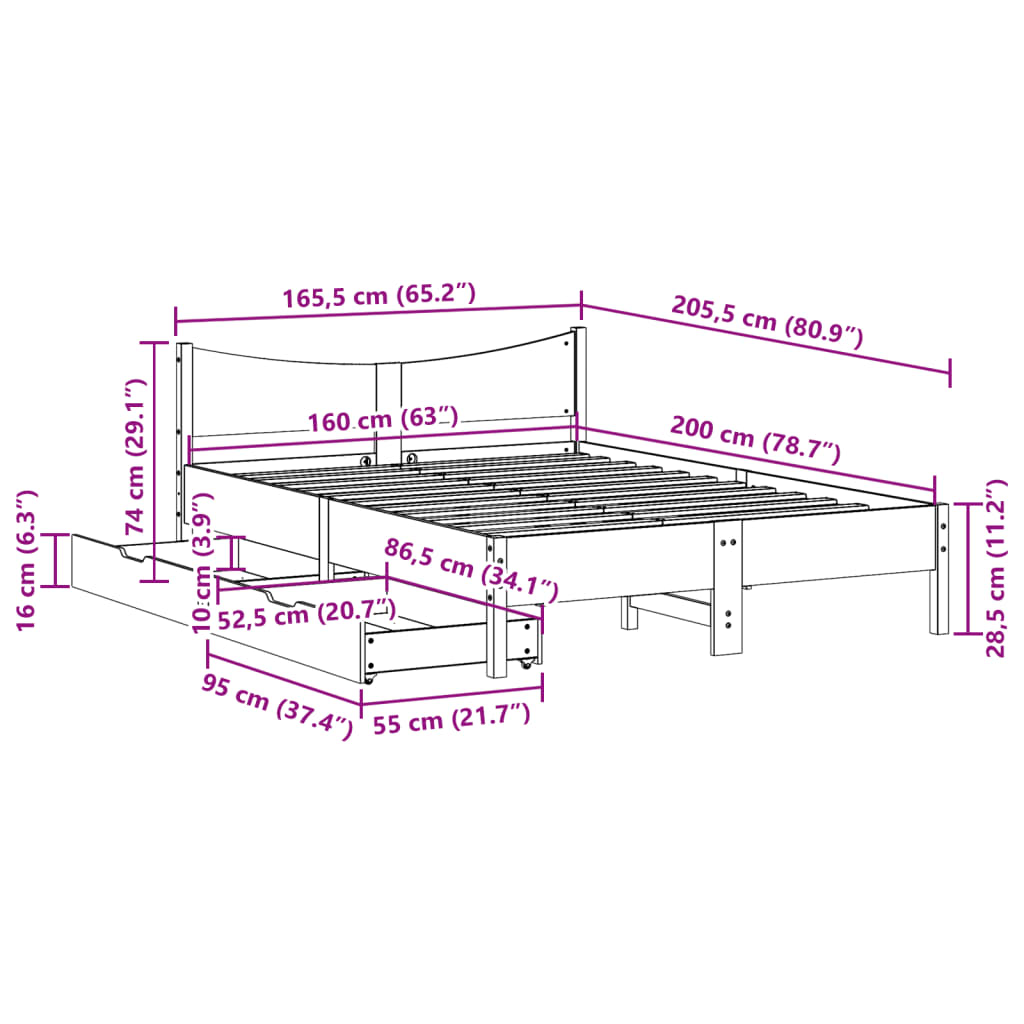 vidaXL Bedframe met lades massief grenenhout wit 160x200 cm