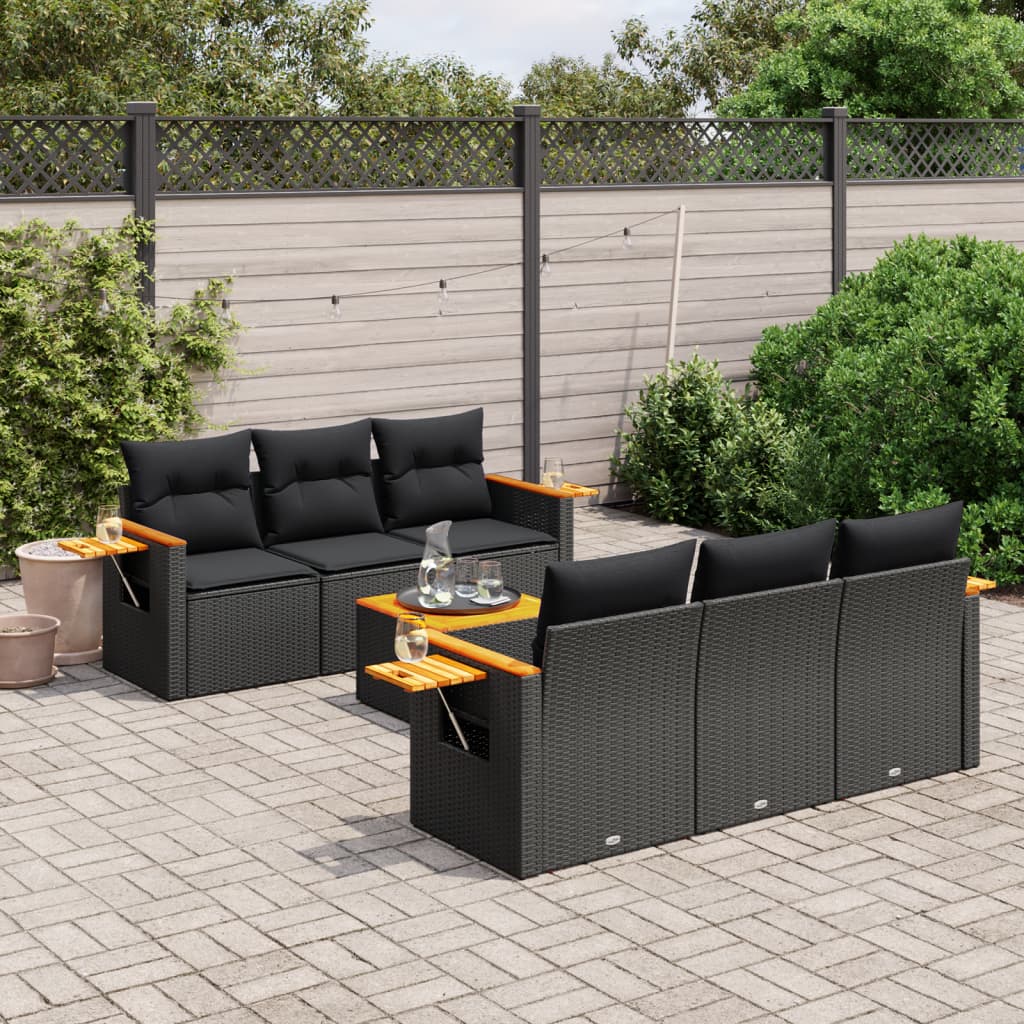 vidaXL 7-delige Loungeset met kussens poly rattan zwart