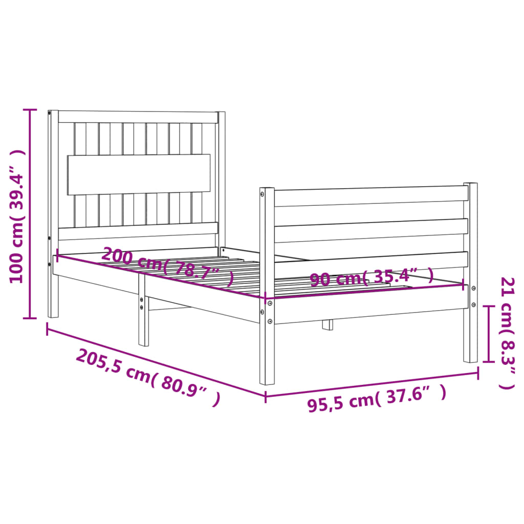 vidaXL Bedframe met hoofdbord massief hout 90x200 cm