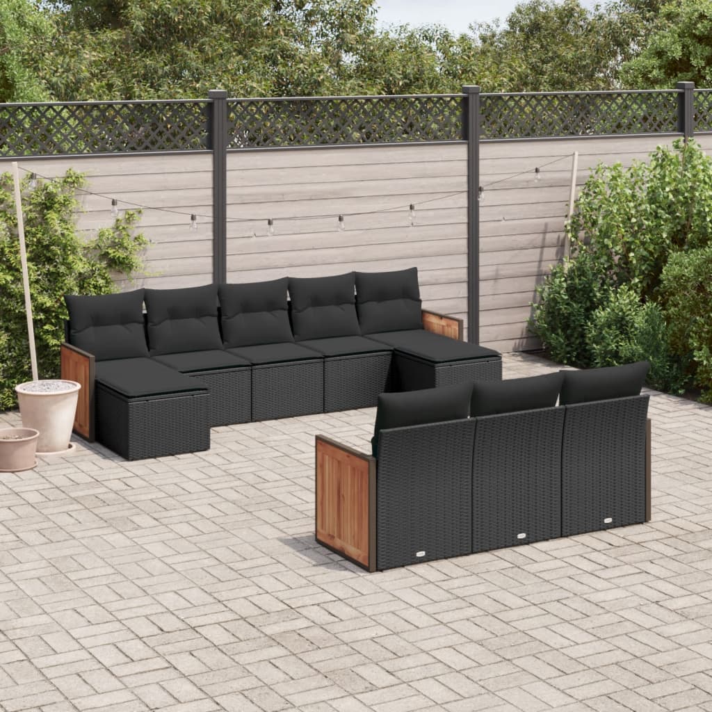 vidaXL 10-delige Loungeset met kussens poly rattan zwart