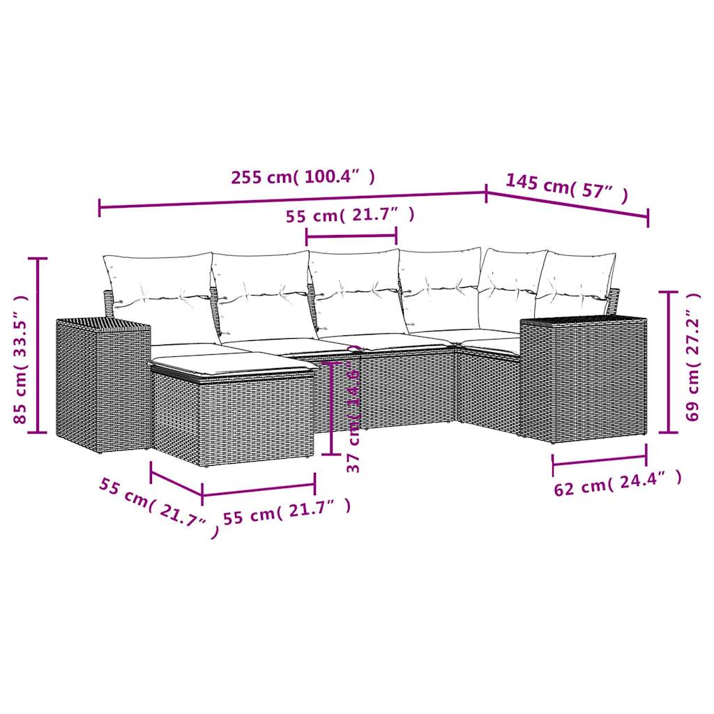 vidaXL 6-delige Loungeset met kussens poly rattan lichtgrijs