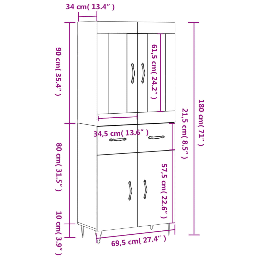 vidaXL Hoge kast 69,5x34x180 cm bewerkt hout wit