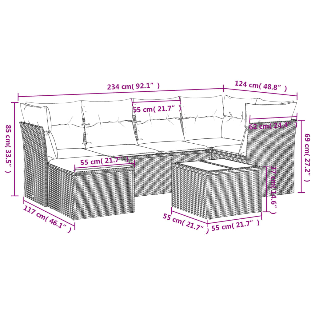 vidaXL 7-delige Loungeset met kussens poly rattan zwart