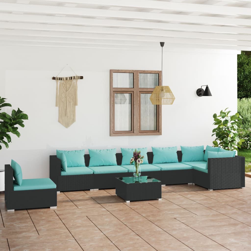 vidaXL 8-delige Loungeset met kussens poly rattan zwart