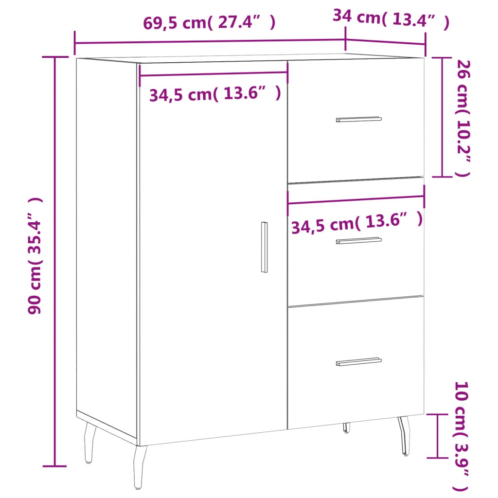 vidaXL Dressoir 69,5x34x90 cm bewerkt hout grijs sonoma eikenkleurig