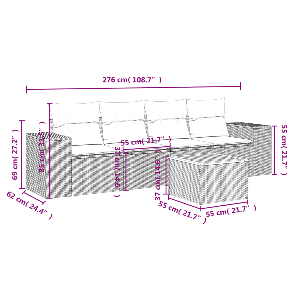 vidaXL 5-delige Loungeset met kussens poly rattan beige