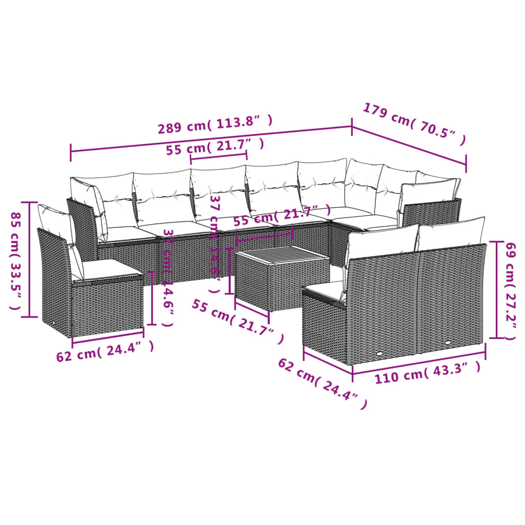 vidaXL 11-delige Loungeset met kussens poly rattan zwart