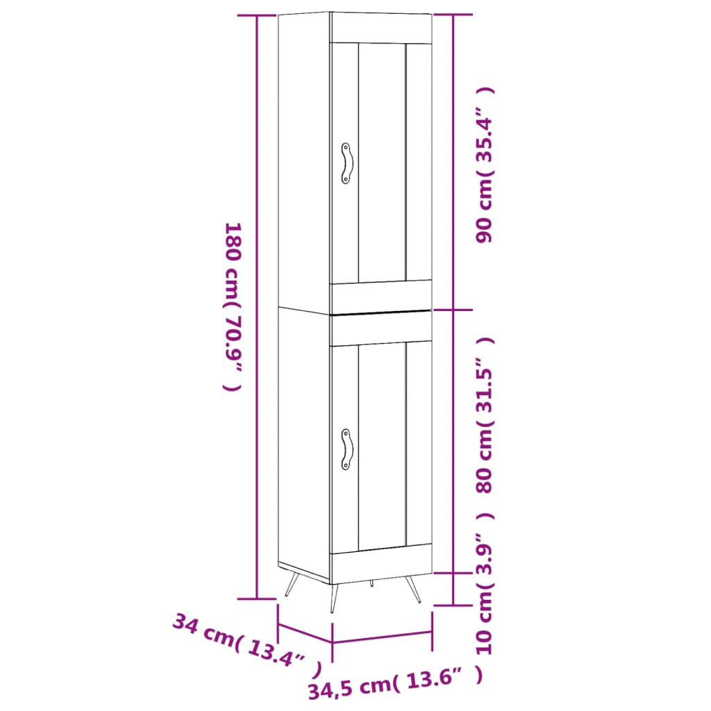 vidaXL Hoge kast 34,5x34x180 cm bewerkt hout bruin eikenkleur