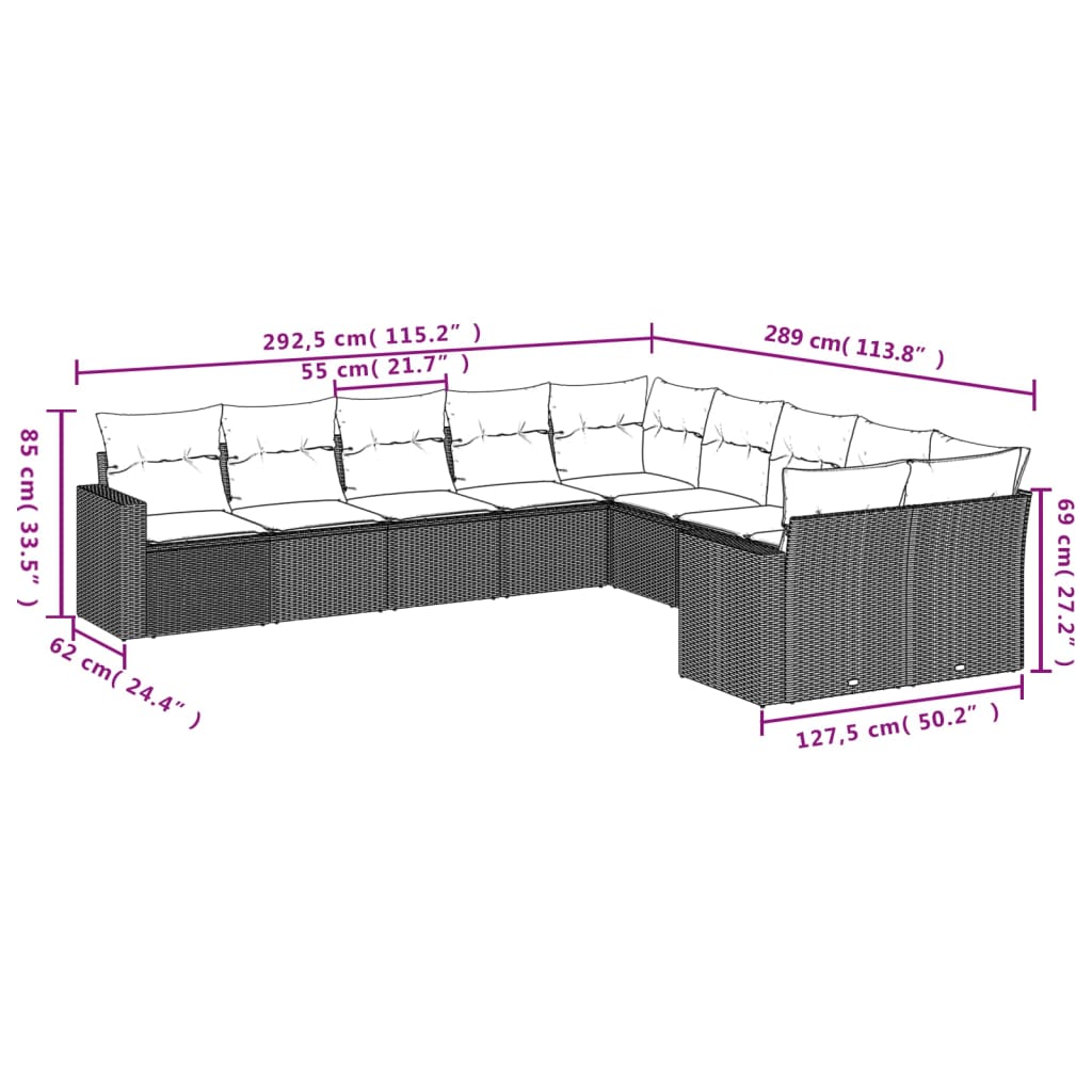 vidaXL 10-delige Loungeset met kussens poly rattan bruin