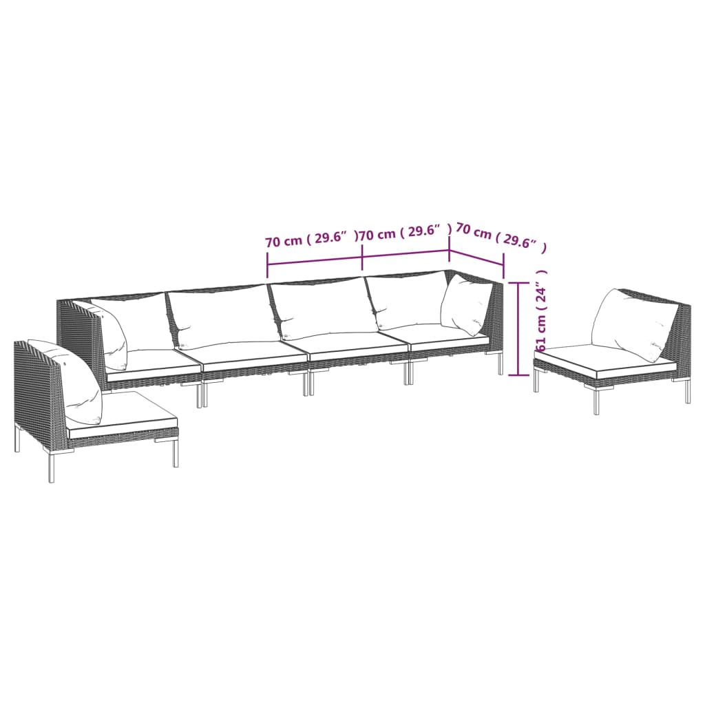 vidaXL 6-delige Loungeset met kussens poly rattan donkergrijs