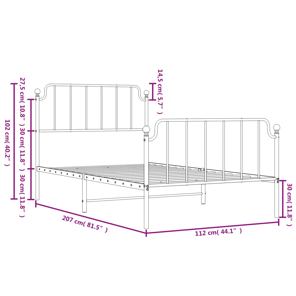 vidaXL Bedframe met hoofd- en voeteneinde metaal zwart 107x203 cm