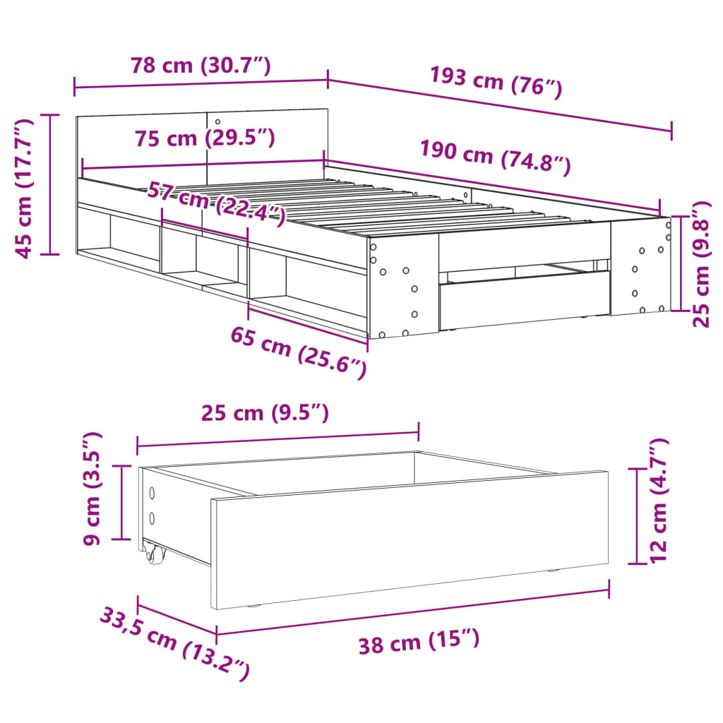 vidaXL Bedframe met lade bewerkt hout bruin eikenkleurig 75x190 cm