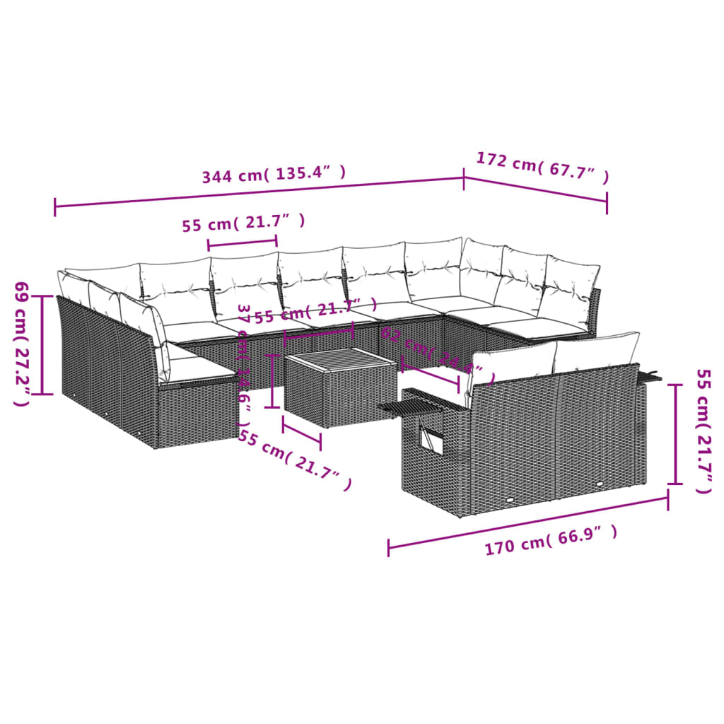 vidaXL 13-delige Loungeset met kussens poly rattan zwart