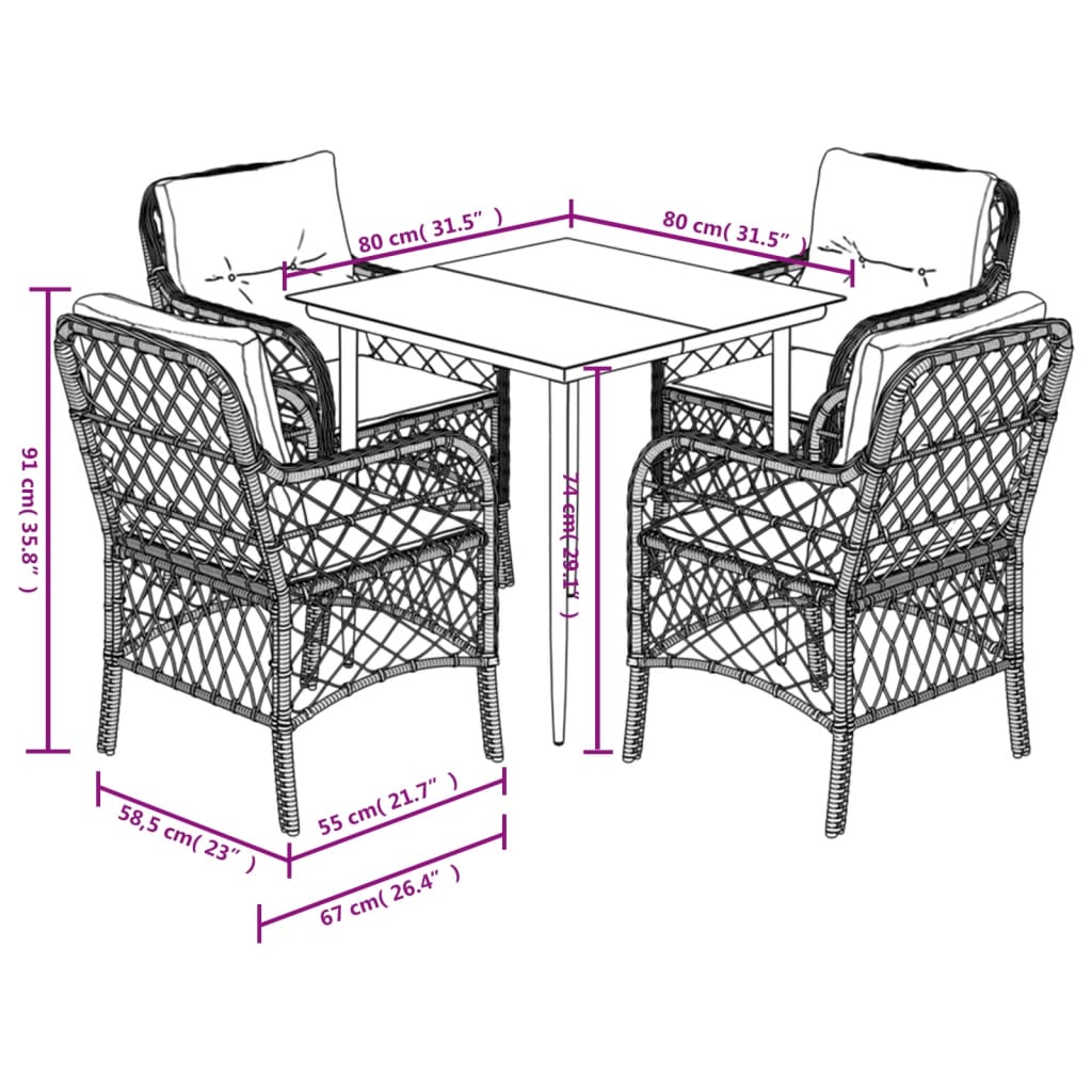 vidaXL 5-delige Tuinset met kussens poly rattan zwart