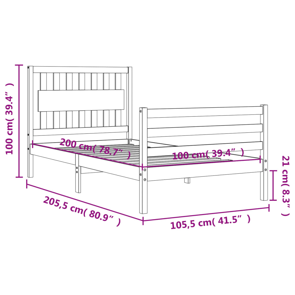 vidaXL Bedframe met hoofdbord massief hout 100x200 cm