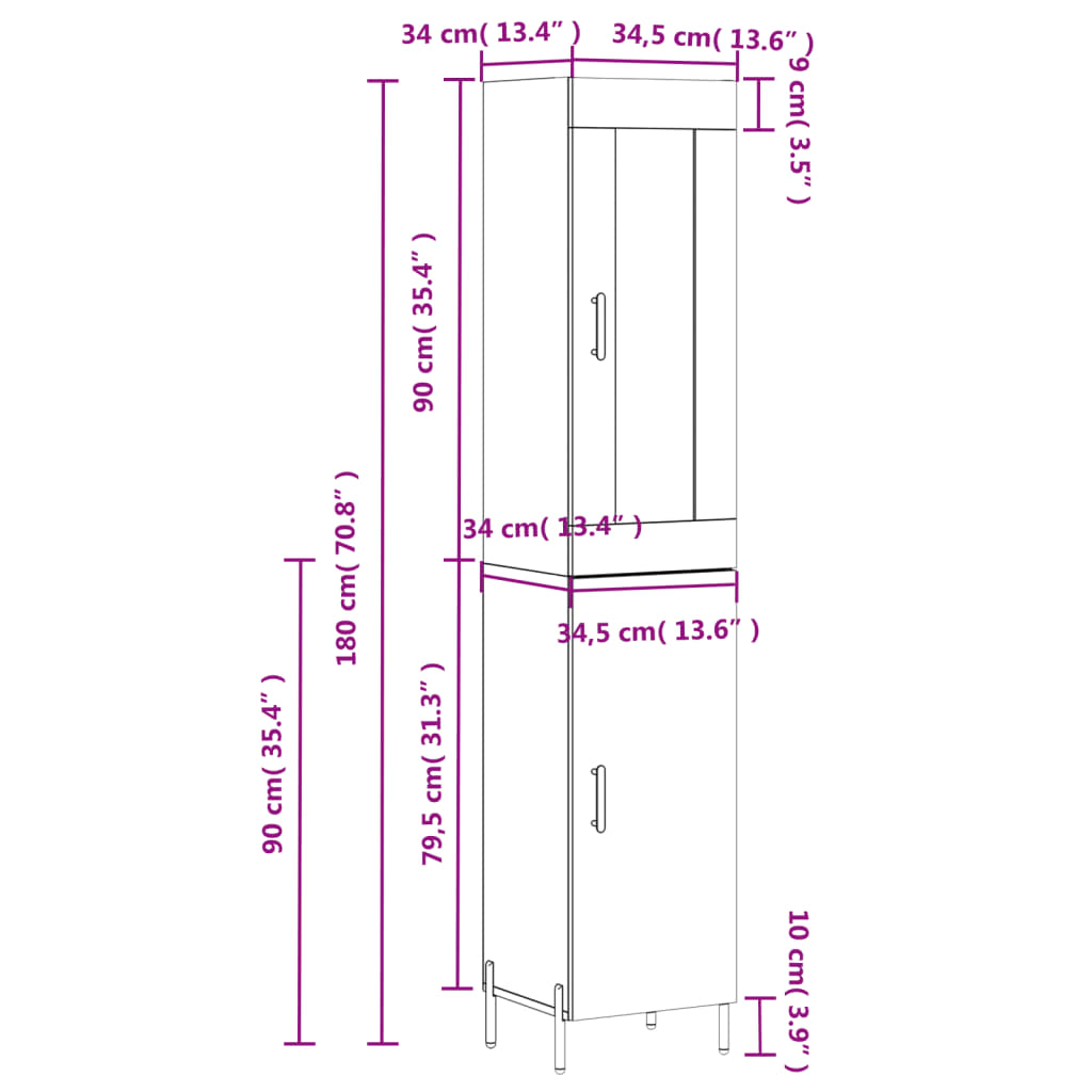 vidaXL Hoge kast 34,5x34x180 cm bewerkt hout betongrijs