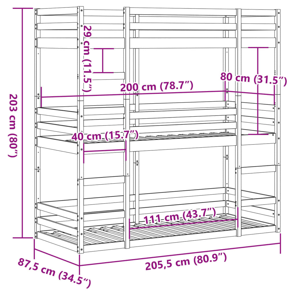 vidaXL Stapelbed 3-persoons massief grenenhout 80x200 cm