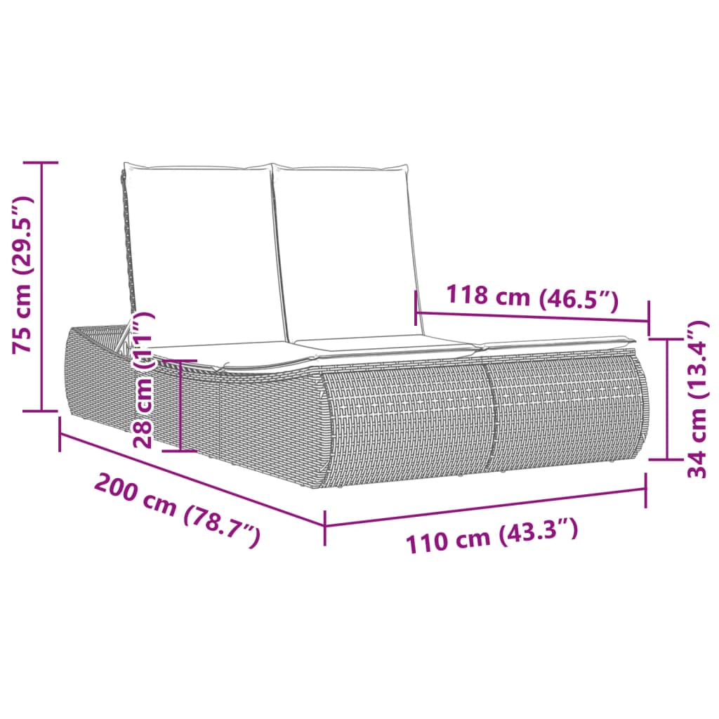 vidaXL Ligbed 2-persoons met kussens poly rattan lichtgrijs