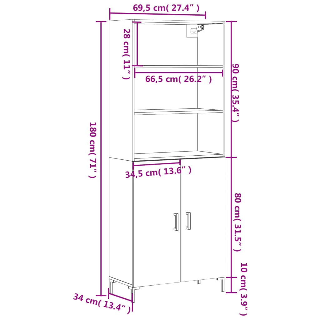 vidaXL Hoge kast 69,5x34x180 cm bewerkt hout sonoma eikenkleurig