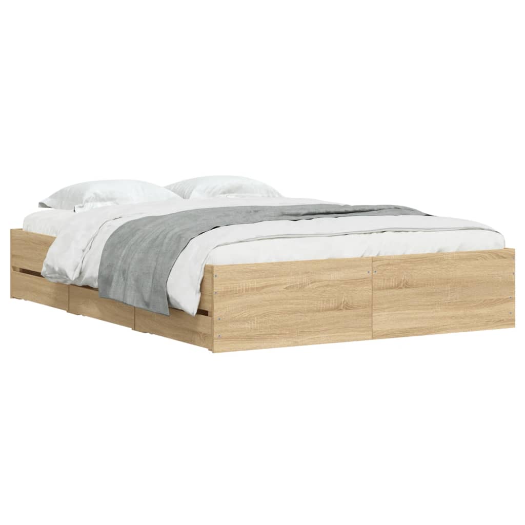 vidaXL Bedframe met lades bewerkt hout sonoma eikenkleurig 135x190 cm