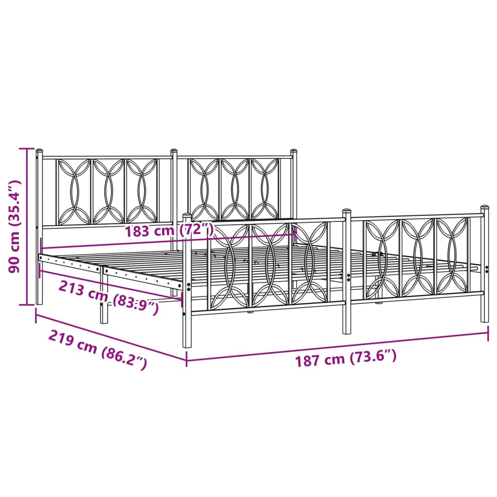 vidaXL Bedframe met hoofd- en voeteneinde metaal zwart 183x213 cm