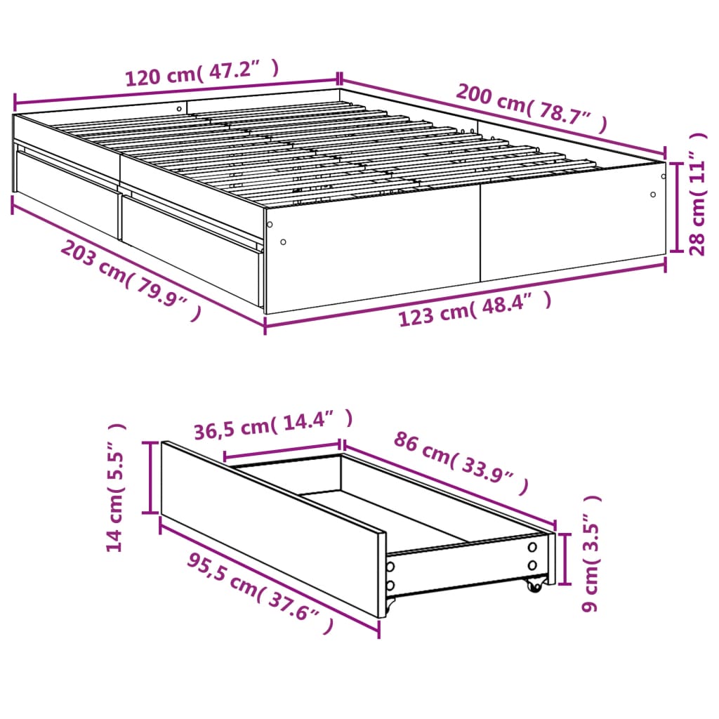 vidaXL Bedframe met lades bewerkt hout grijs sonoma eiken 120x200 cm