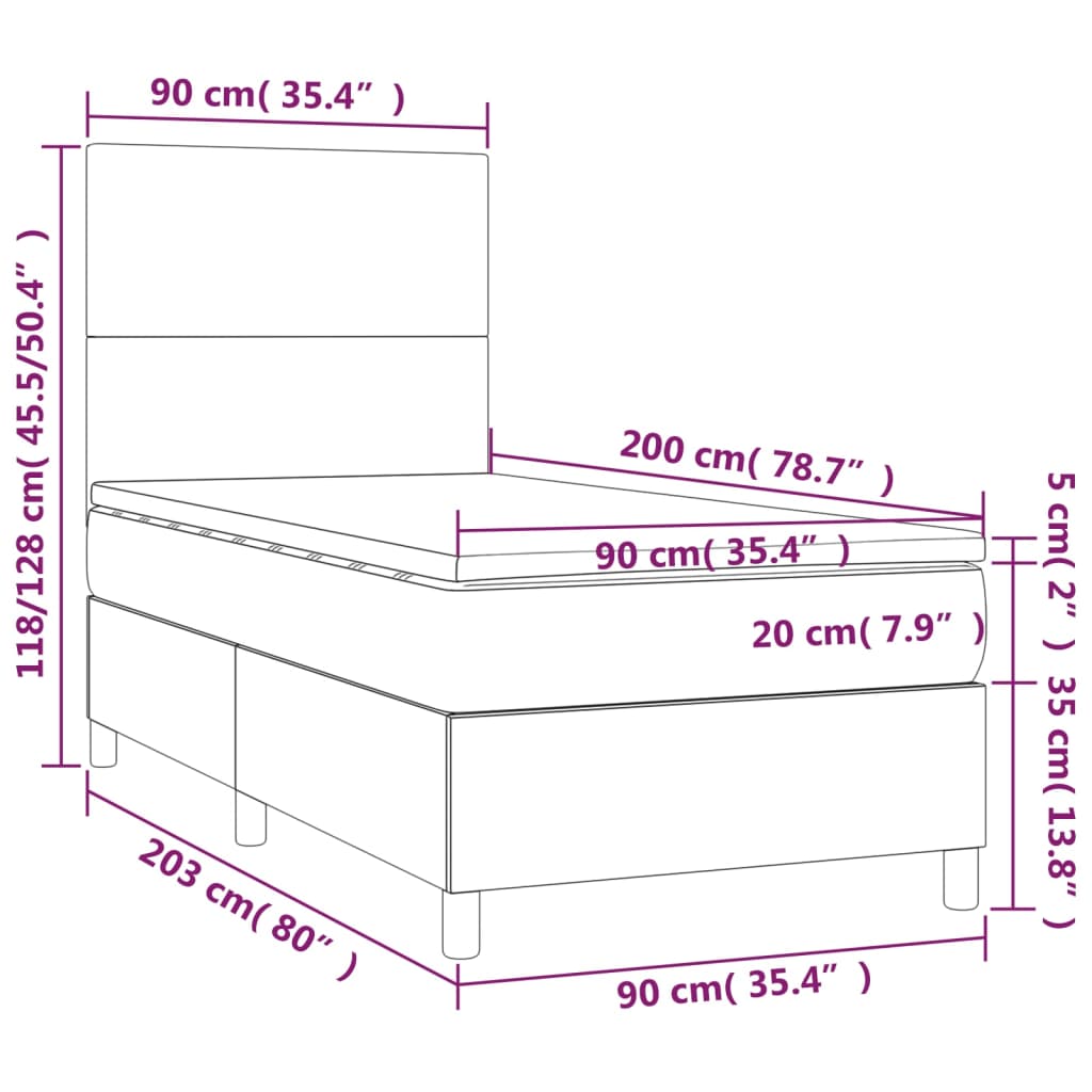 vidaXL Boxspring met matras en LED stof donkergrijs 90x200 cm