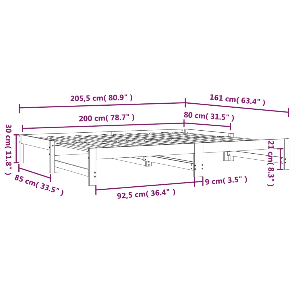 vidaXL Slaapbank uitschuifbaar 2x(80x200) cm massief grenenhout zwart