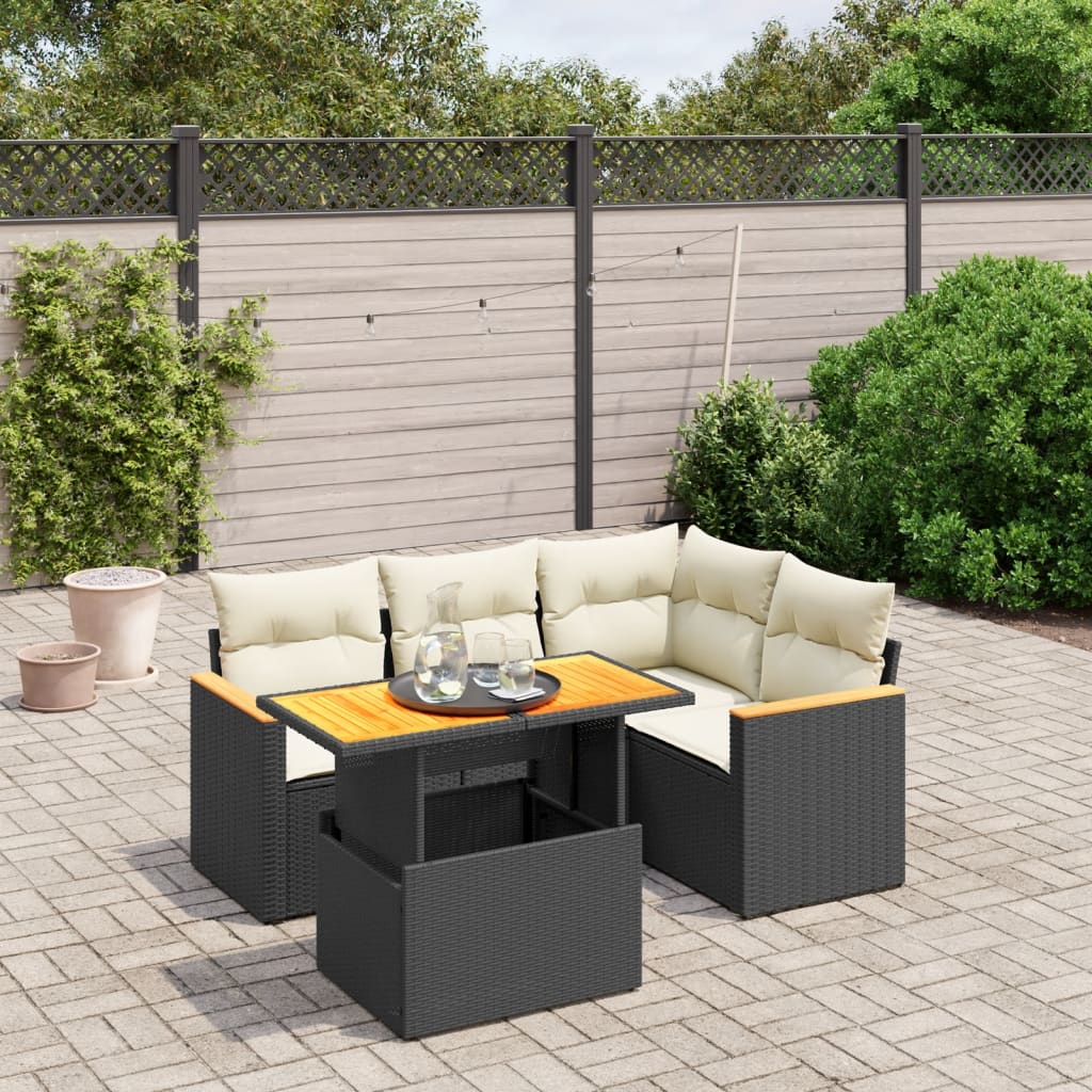 vidaXL 5-delige Loungeset met kussens poly rattan zwart