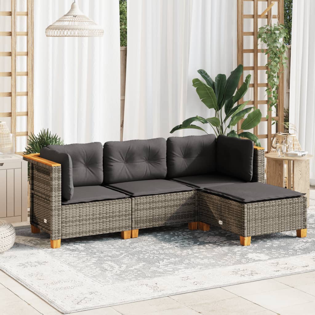 vidaXL 4-delige Loungeset met kussens poly rattan grijs