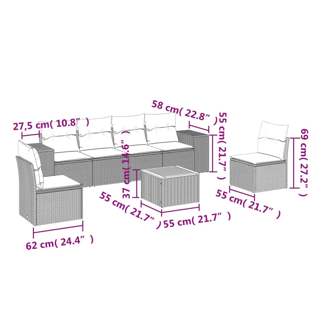 vidaXL 7-delige Loungeset met kussens poly rattan beige