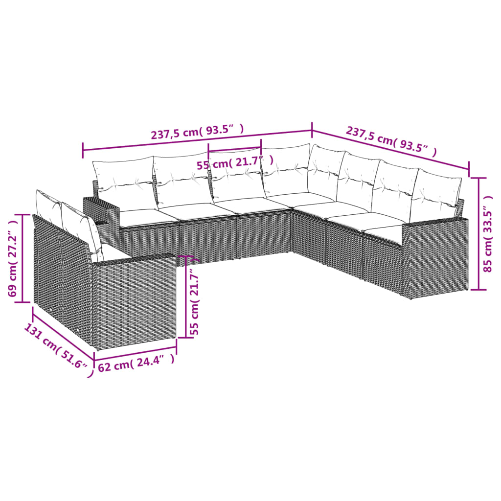 vidaXL 9-delige Loungeset met kussens poly rattan grijs