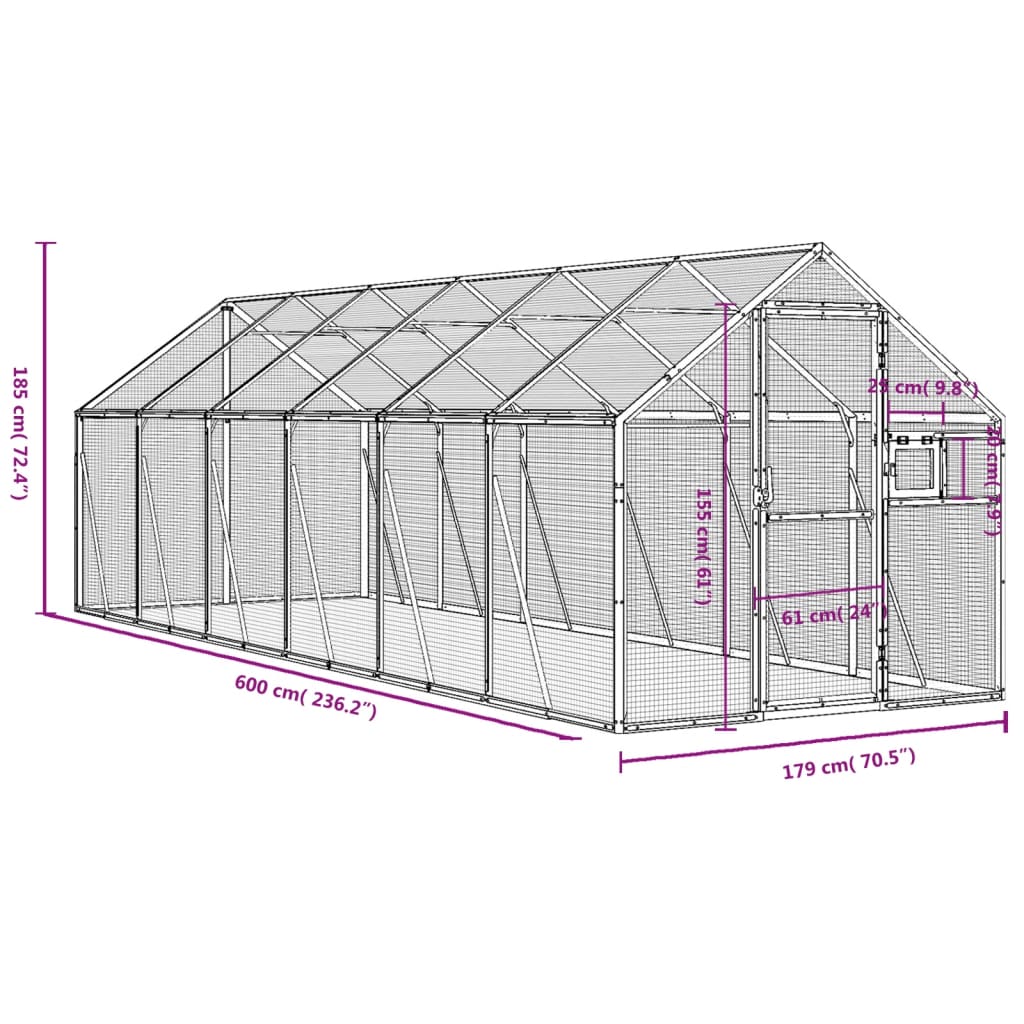 vidaXL Volière 1,79x6x1,85 m aluminium zilverkleurig