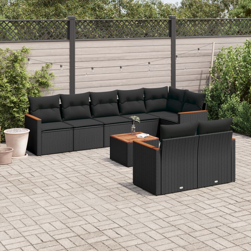 vidaXL 9-delige Loungeset met kussens poly rattan zwart