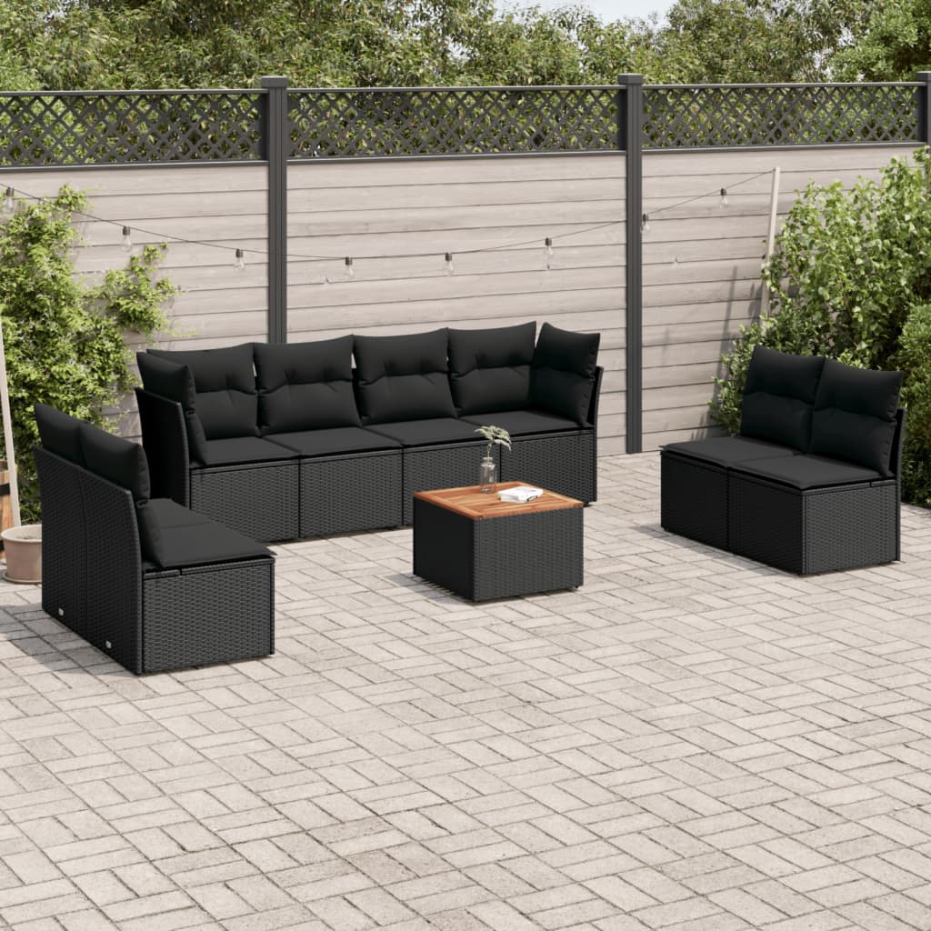 vidaXL 9-delige Loungeset met kussens poly rattan zwart