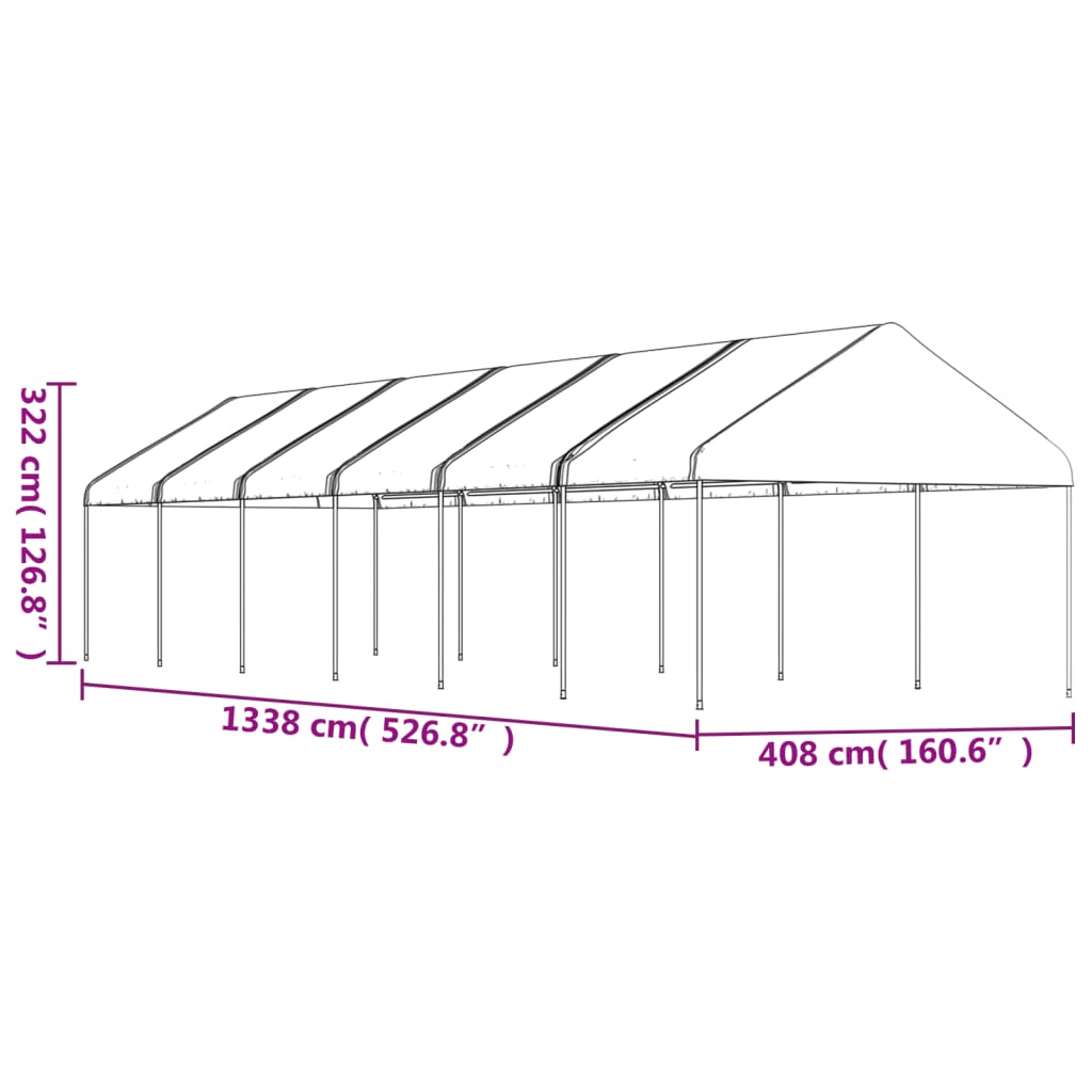 vidaXL Prieel met dak 13,38x4,08x3,22 m polyetheen wit