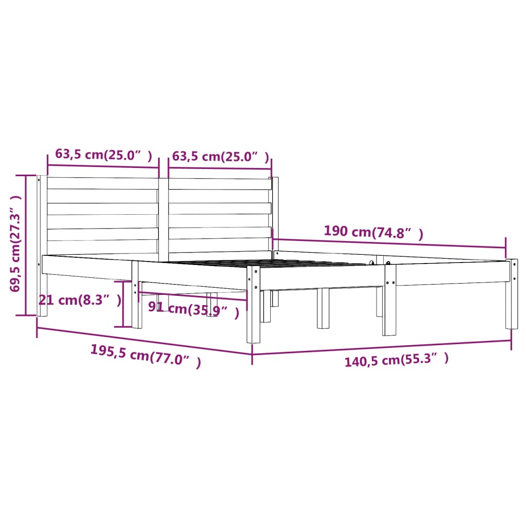 vidaXL Bedframe massief grenenhout grijs 135x190 cm