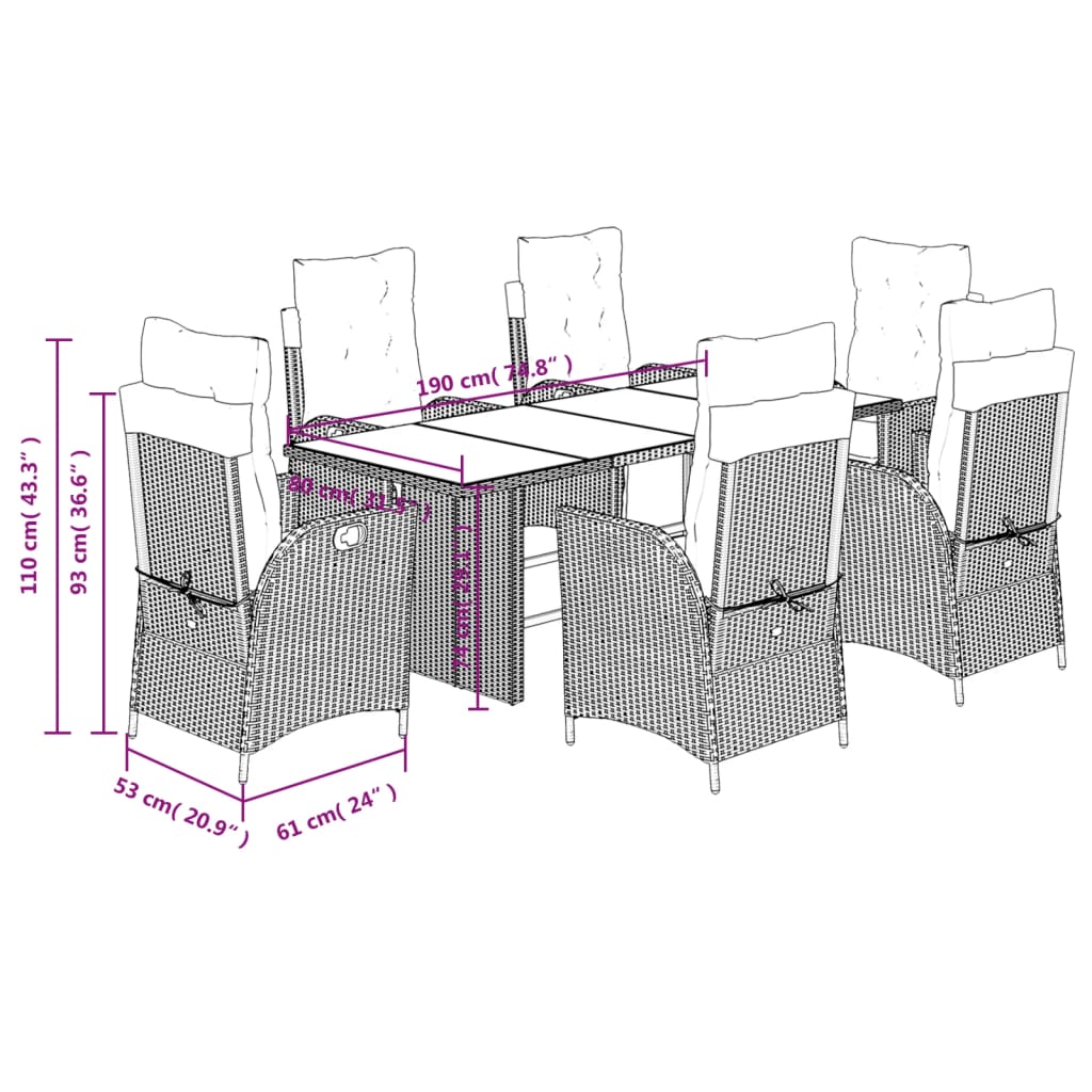 vidaXL 7-delige Tuinset met kussens poly rattan bruin