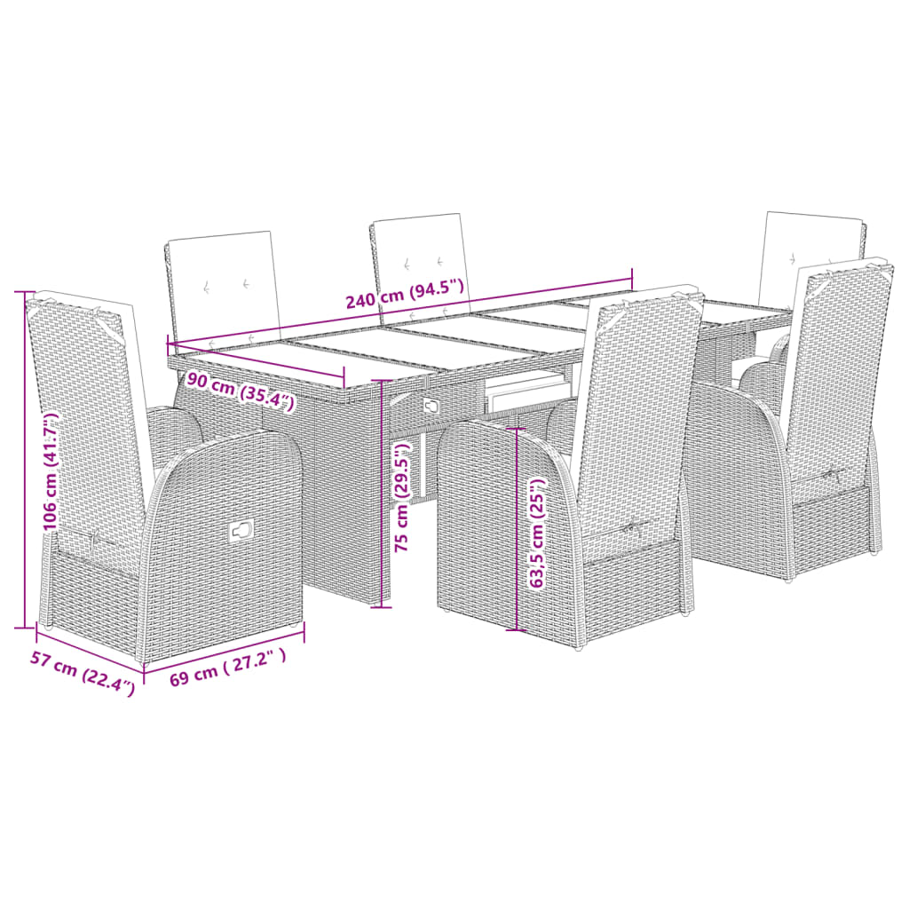 vidaXL 7-delige Tuinset met kussens poly rattan grijs