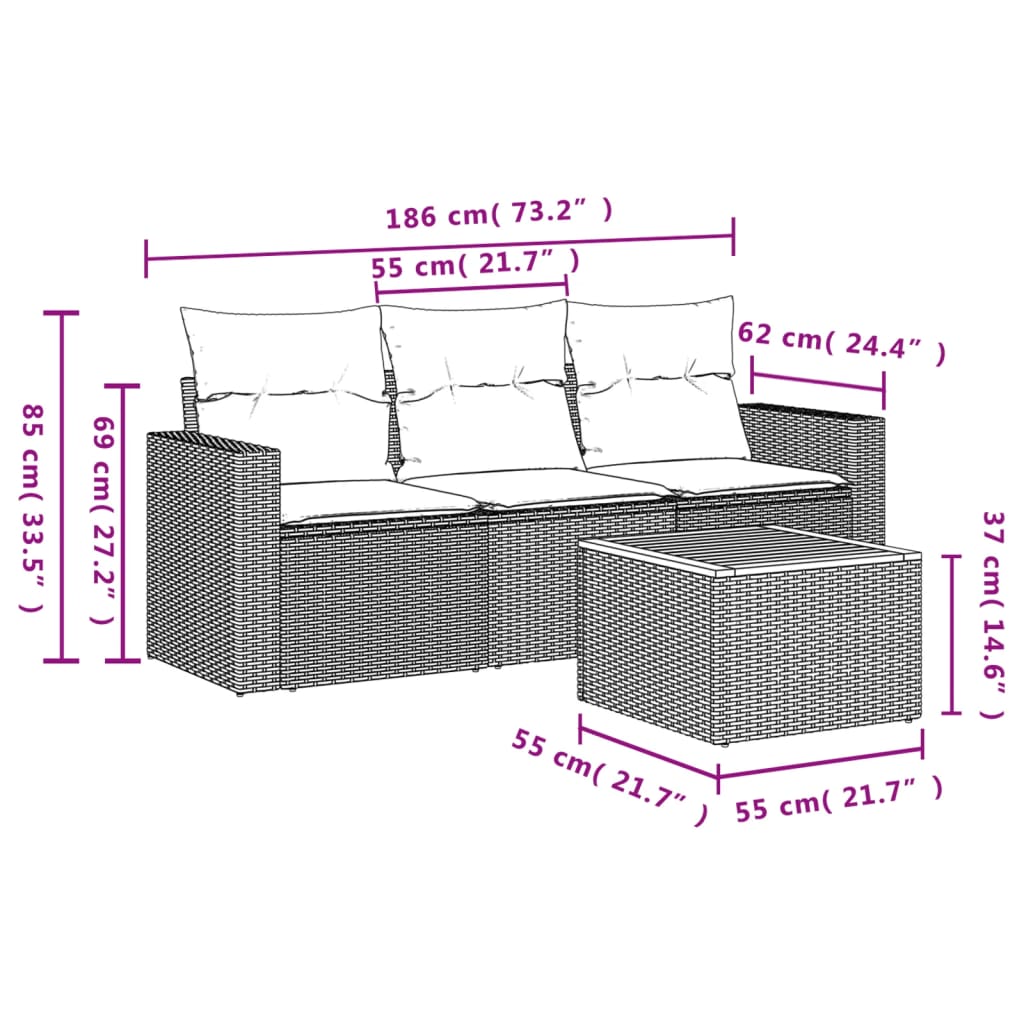 vidaXL 4-delige Loungeset met kussens poly rattan gemengd beige