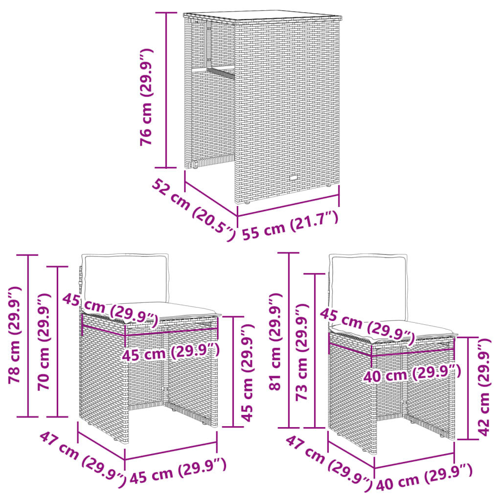 vidaXL 3-delige Bistroset met kussens poly rattan bruin