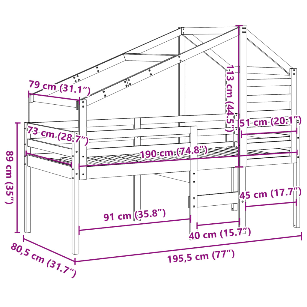 vidaXL Hoogslaper met bedhuis 75x190 cm massief grenenhout wit