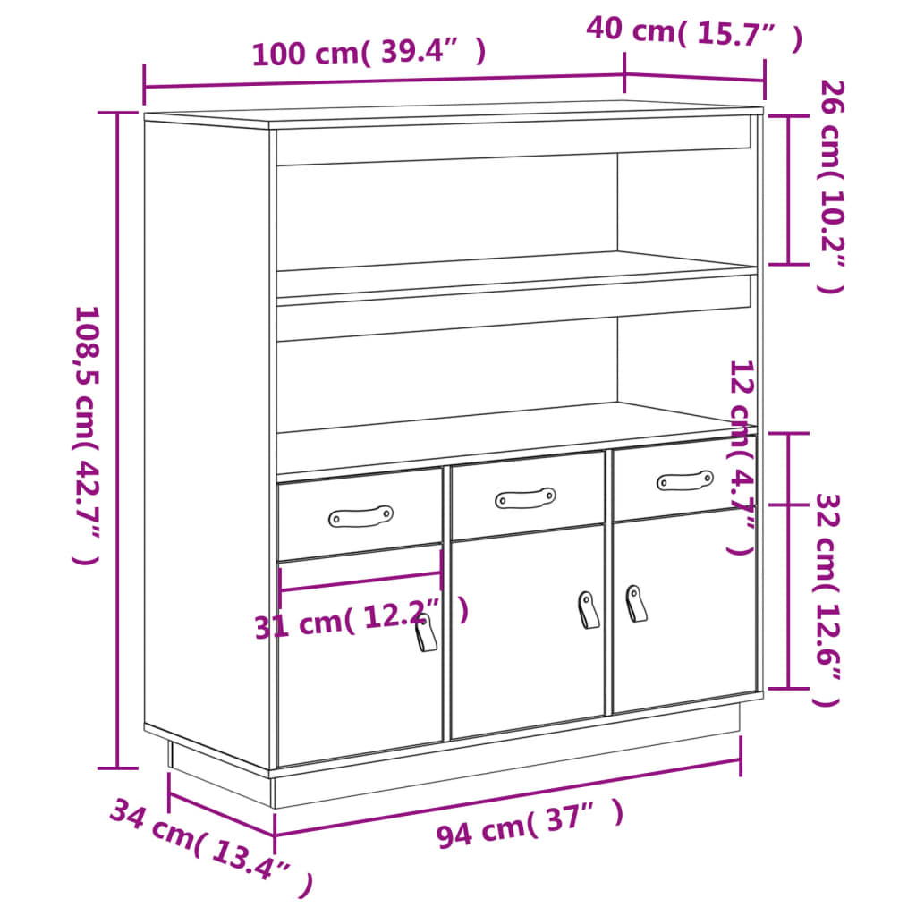 vidaXL Hoge kast 100x40x108,5 cm massief grenenhout wit