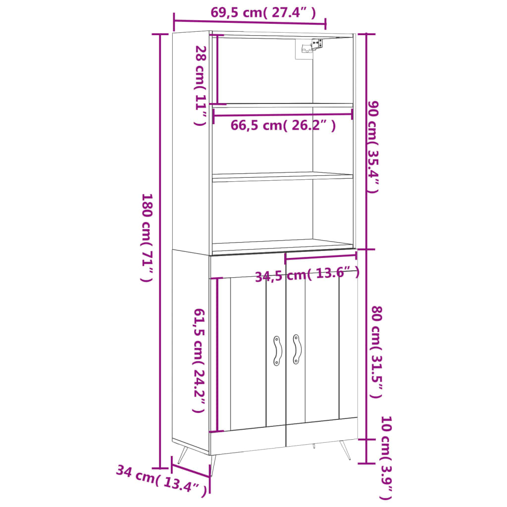 vidaXL Hoge kast 69,5x34x180 cm bewerkt hout gerookt eikenkleurig