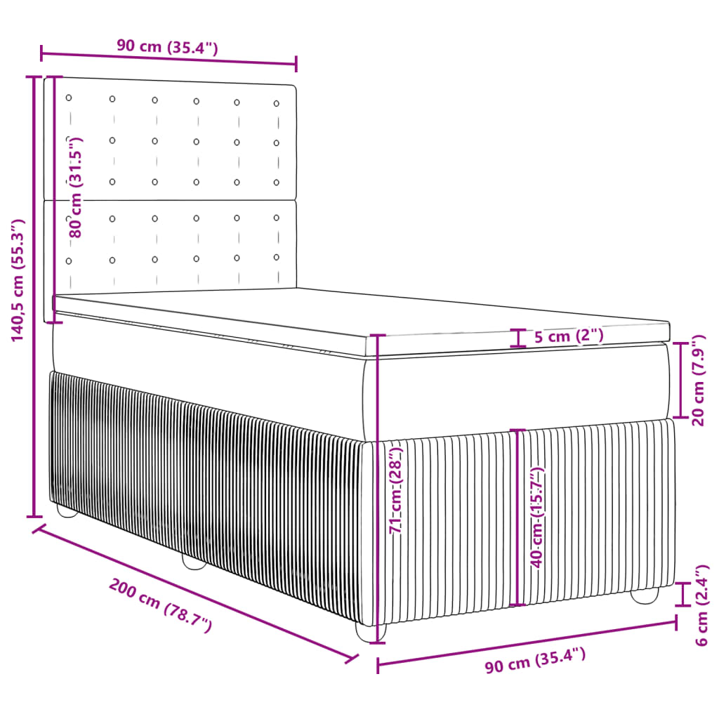 vidaXL Boxspring met matras fluweel lichtgrijs 90x200 cm