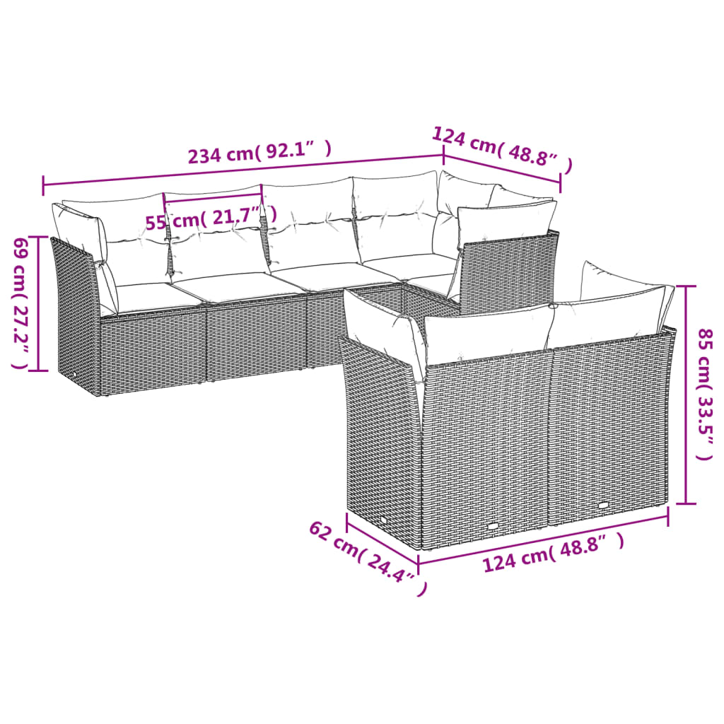 vidaXL 7-delige Loungeset met kussens poly rattan bruin