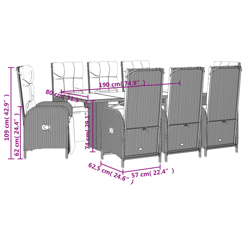 vidaXL 9-delige Tuinset met kussens poly rattan grijs