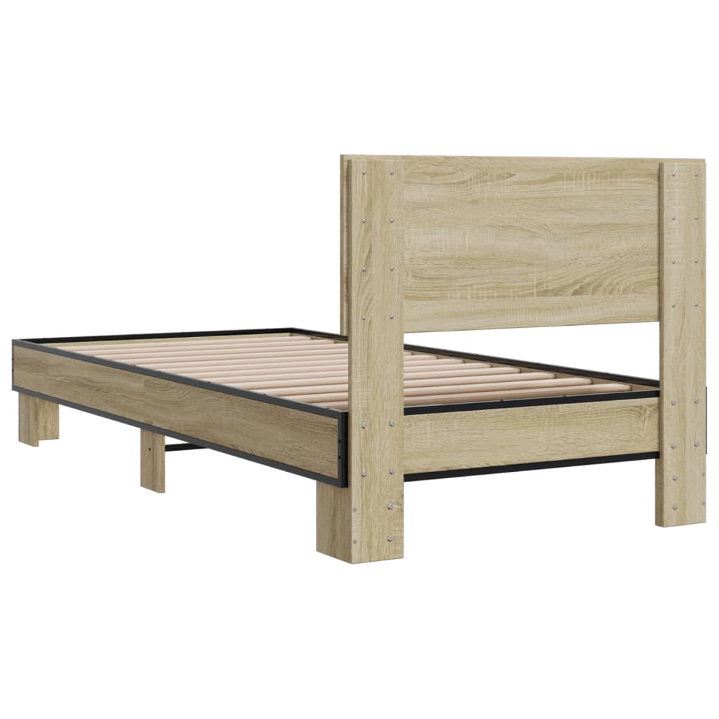 vidaXL Bedframe bewerkt hout en metaal sonoma eikenkleurig 90x200 cm