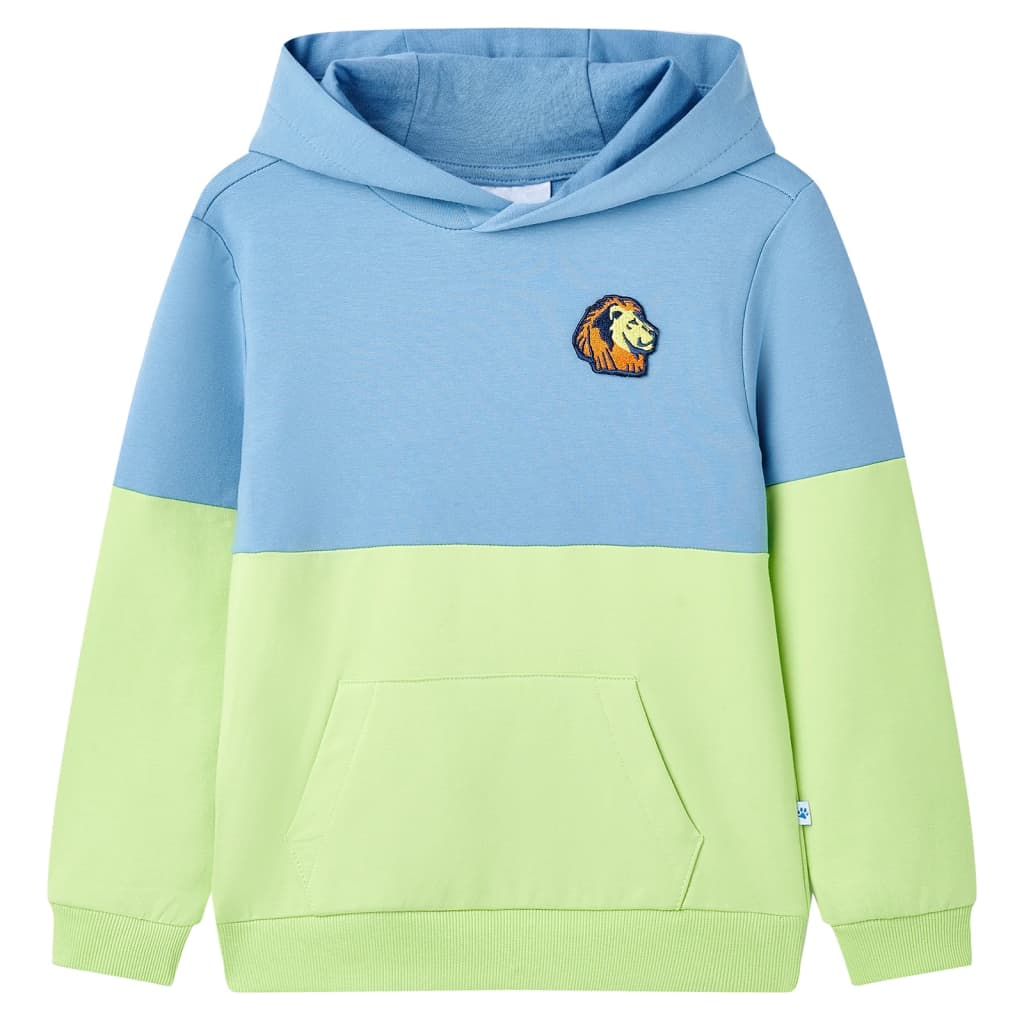 Kindertrui met capuchon 140 blauw en zachtgeel