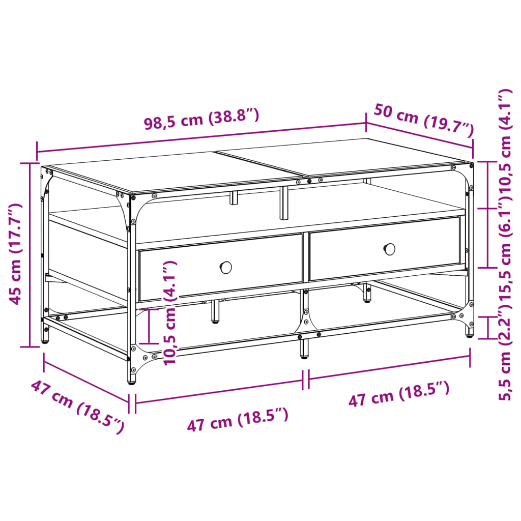 vidaXL Salontafel met glazen blad 98,5x50x45 cm gerookt eiken staal